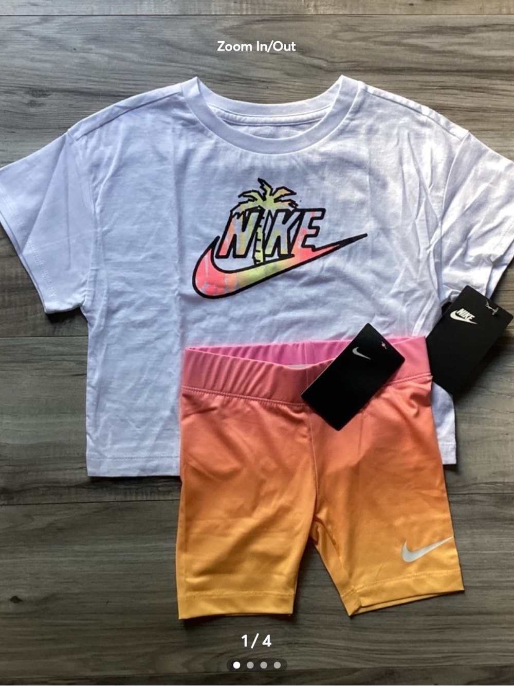 Nike Girls Crop Tee & Gradient Bike Shorts - White, Pink, Orange, Yellow